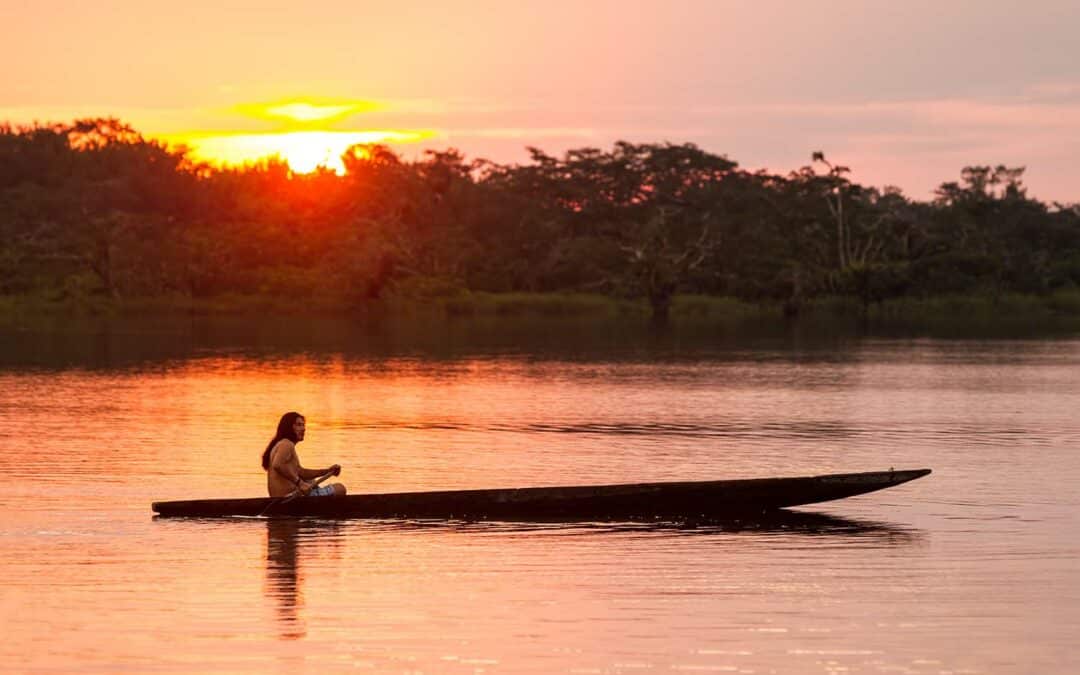 Man on traditional boat in Amazon in Ecuador: Cuyabeno Wildlife Reserve